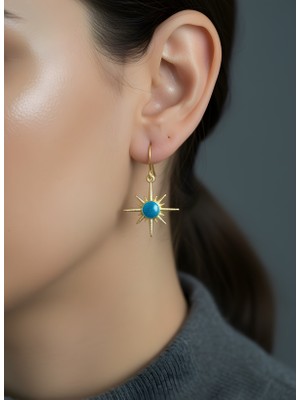 NKT Collection Mavi Taşlı Güneş Motif Altın Renk Işıltılı Zarif Kadın Küpe