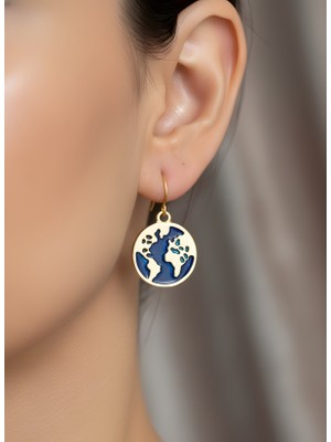 NKT Collection Dünya Haritası Figür Mavi Detaylı Altın Renk Eğlenceli Kadın Küpe