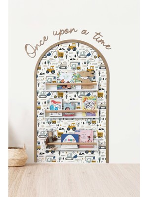 Trend Wall Decor Iş Makineleri Temalı Çocuk-Bebek Odası Duvar Stickeri, Once Upon A Time Yapışkan Yazı, Oval Çerçeve, Kitap Masal Köşesi, Dekoru