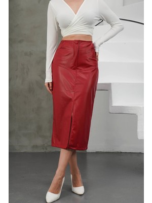 OEY Fashions Yırtmaçlı Uzun Deri Etek Bordo