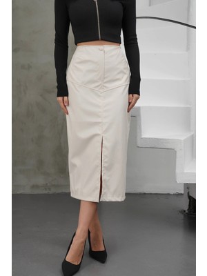 OEY Fashions Yırtmaçlı Uzun Deri Etek Krem
