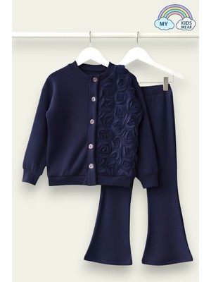 My Kids Wear Kız Çocuk Tül Gül Aplikeli Triko Hırka Ikili Takım 3-10 Yaş 12300