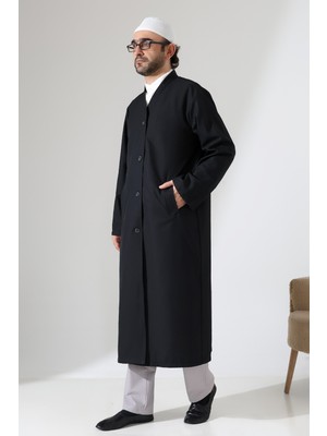 İhvan Online Yarım Astarlı Düğmeli Cepli Buhara Yaka Erkek Cübbe - Siyah