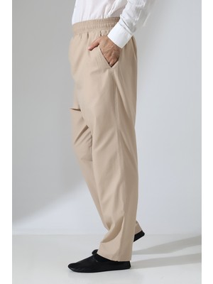 İhvan Online Erkek Lastikli Bel Cepli Hac Umre Keten Şalvar Pantolon - Bej (Vşn)
