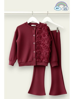 My Kids Wear Kız Çocuk Tül Gül Aplikeli Triko Hırka Ikili Takım 3-10 Yaş 12298