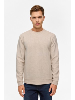 Süvari Bol Kesim O Yaka Melanj Desenli Waffle Sweatshirt