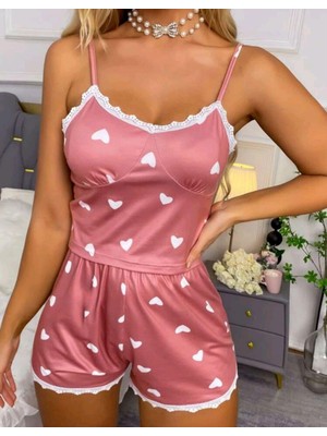 Moda Şahsenem Kadın Pudra Kalp Desenli Seksi Gecelik Takım 6641