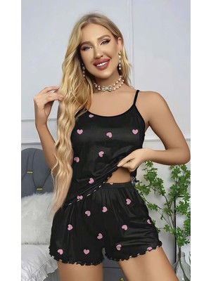 Moda Şahsenem Kadın Siyah Kalp Desenli Seksi Gecelik Takım 6660