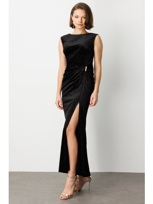 Ekol Beli Büzgülü Simli Kolsuz Elbise 4043-26K