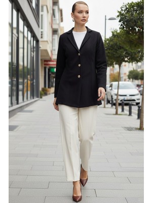 Üç Düğme Tasarım Yaka Kaşe Şık Siyah Kaban