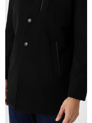 Süvari Siyah Yünlü Regular Erkek Kaban Slim Fit Polyester Karışımlı Düğmeli Casual Stil