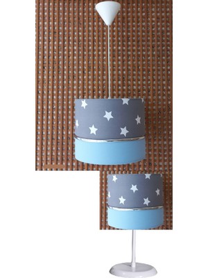 Onay Avize Gri Yıldızlı Mavi 2.li Set M-576 Kumaş Kaplama Genç ve Çocuk Odası Avize ve Abajur Takımı