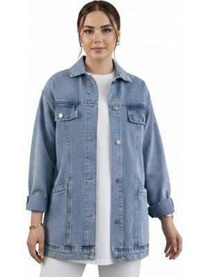 Kadın Cep Detaylı Denim Mavi Kot Ceket