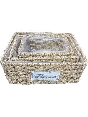 Hediye Bahçesi Dikdörtgen Doğal Hasır Saksı Seti - 3'lü