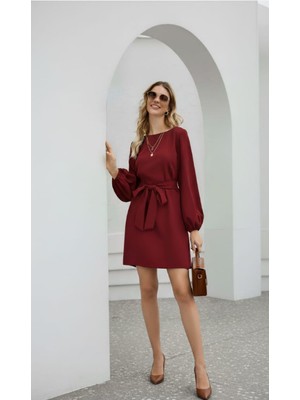 Nake Butik Kadın Beyaz Uzun Kollu Bel Bağcıklı Mini Elbise