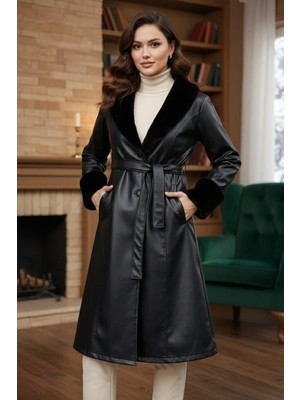 Kadın Yakası Tüylü Kuşaklı Içi Astarlı Deri Siyah Trençkot