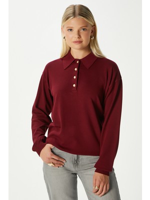 Ritnice Kadın Watch Premium Doku Polo Yaka  Bordo Gold Düğmeli Triko Kazak