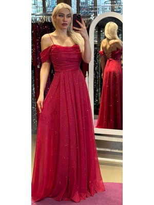 Abiyeniall Kırmızı Ip Askılı  Sırt Dekolteli  Kloş Etekli Simli Kumaş Uzun Abiye Elbise 7365