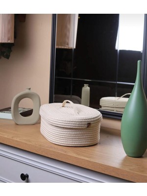 Jüt Hasır Sepet Oval Kapaklı Organizer 30X20