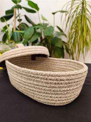 Jüt Hasır Sepet Oval Kapaklı Organizer 30X20