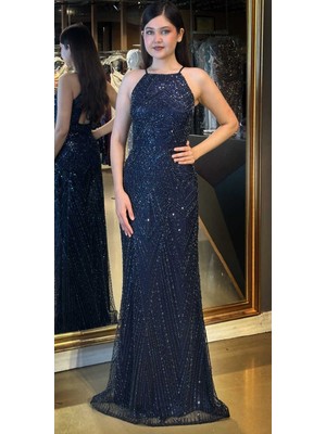 Abiyeniall Lacivert Stefanel Yaka Sırt Dekolteli  Düz Kesim Pullu Boncuklu Uzun Abiye Elbise 7712