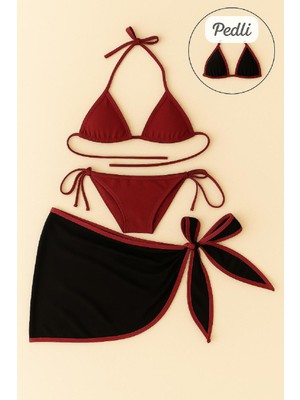Moda Şahsenem Kadın Bordo Siyah Pareolu Yandan ve Boyundan Bağlamalı 3'lü Bikini Takımı
