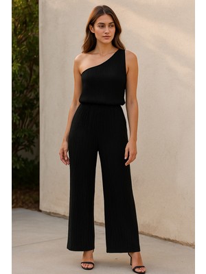 Moda Şahsenem Kadın Siyah Tek Omuzlu Şık Bluz & Geniş Paça Pantolon Ikili Takım