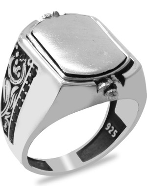 Tesbihane Oniks ve Zirkon Taşlı Mıhlamalı Çift Taraflı Isme Özel Yazılı 925 Ayar Gümüş Erkek Yüzük