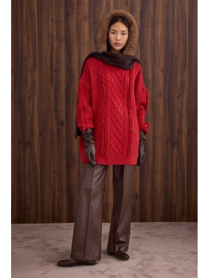 HE-QA Püskül Detaylı Örme Kazak Kırmızı