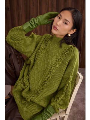 HE-QA Püskül Detaylı Örme Kazak Yeşil