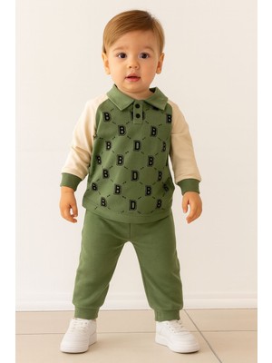 Zerva Queen Yakası Düğmeli Desenli Erkek Bebek Takım