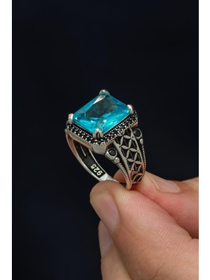 Yüzük Sanatı Kare Aqua Mavi Taşlı 925 Erkek Gümüş Yüzük