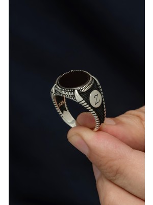 Yüzük Sanatı Harfli Siyah Oniks Taşlı Kişiye Özel 925 Erkek Gümüş Yüzük