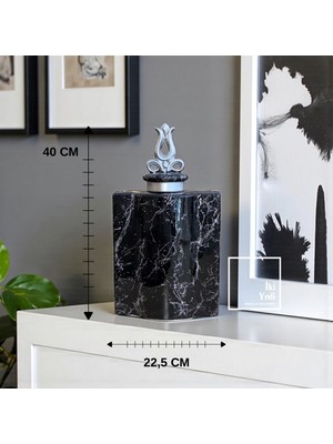 İki Yedi Konsept Verniew Siyah Büyük Dekoratif Kapaklı Mermer Desenli Lüks Vazo Obje Salon Antre Ofis Aksesuarı
