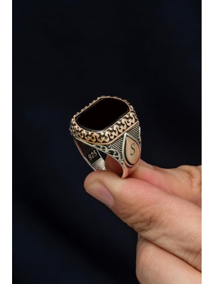 Yüzük Sanatı Harfli Siyah Oniks Taşlı Kişiye Özel 925 Erkek Gümüş Yüzük