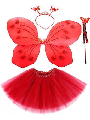 Hediye Bahçesi Kırmızı Kelebek Kostümü - Kostüm Aksesuar Seti 4 Parça
