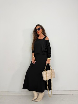 Qimya Butik Buketli Kadın Kalın Askılı Yırtmaçlı Kolsuz Elbise Üzeri Uzun Kol Açık Yaka Kısa Bluzlü Iki Parçalı Elbise