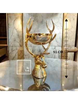 İki Yedi Konsept Gavrilo Altın Geyik Figürlü 51 cm Dekoratif Sunum Kasesi, Lüks Meyvelik Ev Ofis Hediyesi