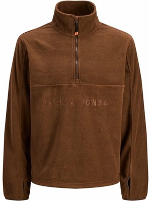 Jjalpes Erkek Kahverengi Half Zip Fleece Jacket Düz Desenli AW25 Polar Sezon Ürünü