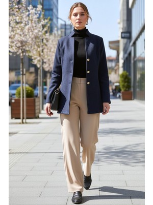 Barbora Tasarım Yaka Kısa Boy Kaşe Lacivert Kaban