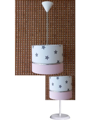 Onay Avize Beyaz Yıldızlı Pembe 2.li Set M-595 Kumaş Kaplama Genç ve Çocuk Odası Avize ve Abajur Takımı