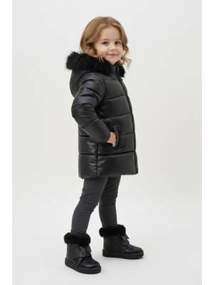 Pingulife Kız Çocuk Siyah Kürklü Hafif Kaymaz Taban Bot