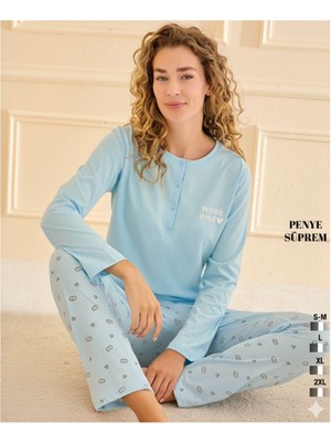 Biricik İç Giyim Kadın Mavi Pamuklu Üç Düğmeli Pijama Takımı Weekend Desenli Ev Giyim