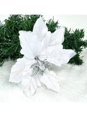 Dodomar 1 Adet Yılbaşı Ponsetya Çiçeği - Beyaz Üstü Gümüş Lüks Dekoratif Yapay Çiçek