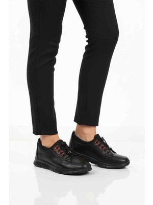 Aspor Siyah Hakiki Deri Ortopedik Kadın Casual Ayakkabı