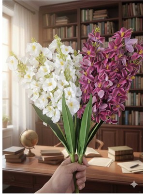 Yasima Yapay Islak 5 Dallı Fuşya Sümbül +Beyaz Sümbül Ev Vazo Dekor Süsü