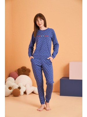 Daniska Pjs 28081 Kadın Uzun Kol Yuvarlak Yaka Kalpli Pijama Takım