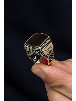 Yüzük Sanatı Isimli Siyah Oniks Taşlı Kişiye Özel 925 Erkek Gümüş Yüzük