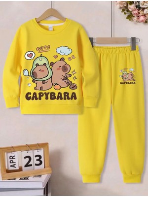 Punix Kids Punıx Kıds Özel Seri Yuvarlak Yaka Capybara Avokada Baskılı %100 Pamuk Kışlık Çocuk Eşofman Takımı