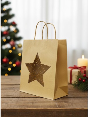 Parti Adresi Karton Çanta Yıldız Pencereli Alışveriş Çantası Hediye Çantası Kraft 26X32X12 cm 20'li